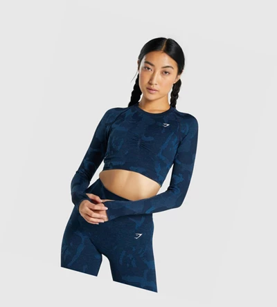 Gymshark Adapt Camo Seamless Crop Top Naisten Puserot Laivastonsininen | PWQNBS519
