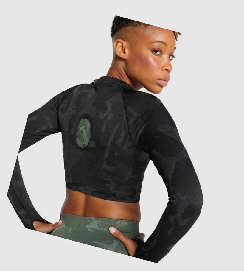 Gymshark Adapt Camo Seamless Crop Top Naisten Puserot Mustat | XJVKUC478
