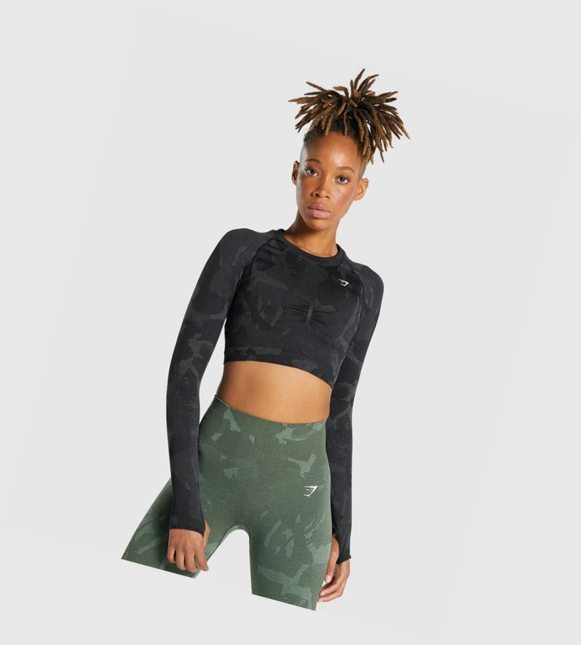 Gymshark Adapt Camo Seamless Crop Top Naisten Puserot Mustat | XJVKUC478