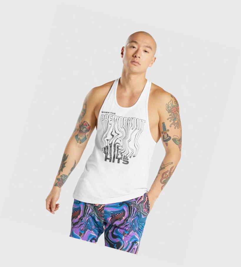 Gymshark Pre-Workout Miesten Hihaton Paita Valkoinen | OQWXDZ018