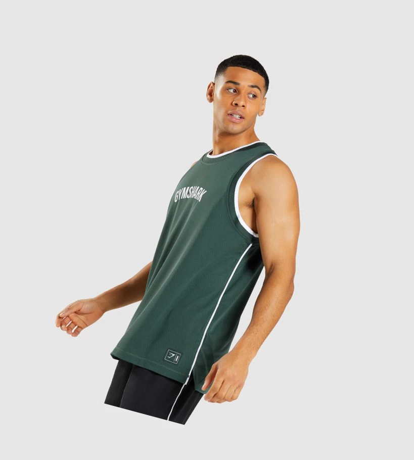 Gymshark Recess Basketball Miesten Hihaton Paita Obsidian Vihreä Valkoinen | CBRMNE549