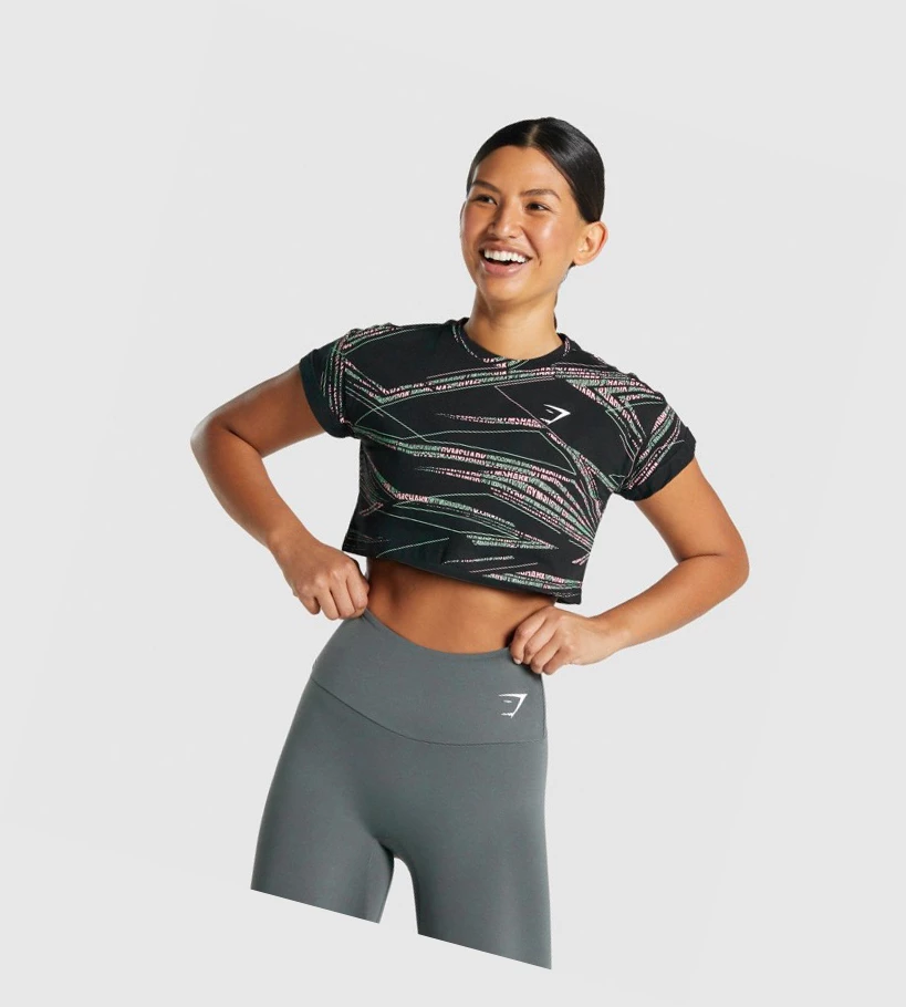 Gymshark Zone Graafinen Crop Naisten T Paidat Mustat Vihreä | GKRBAF731